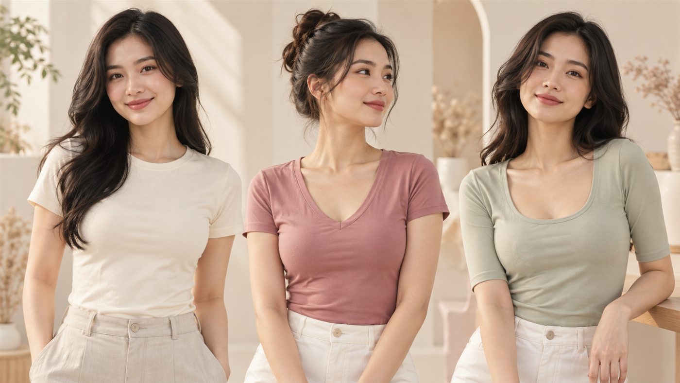 Ba phụ nữ mặc áo thun ôm với cổ tròn, cổ V và cổ U