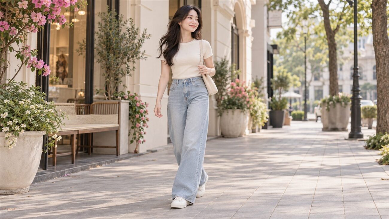 Minh họa quần jean ống rộng nữ phối giày thể thao