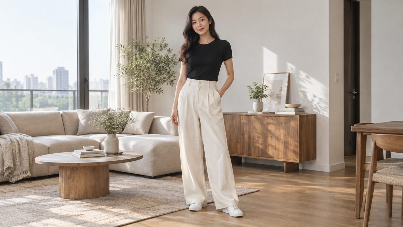Gợi ý phối áo body nữ màu đen với quần ống rộng màu kem
