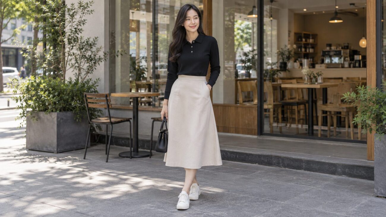 Gợi ý phối áo thun có cổ nữ màu đen với chân váy midi màu kem