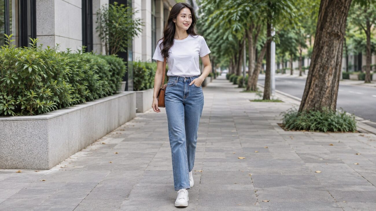 Gợi ý phối áo thun nữ tay ngắn màu trắng với quần jean ống suông
