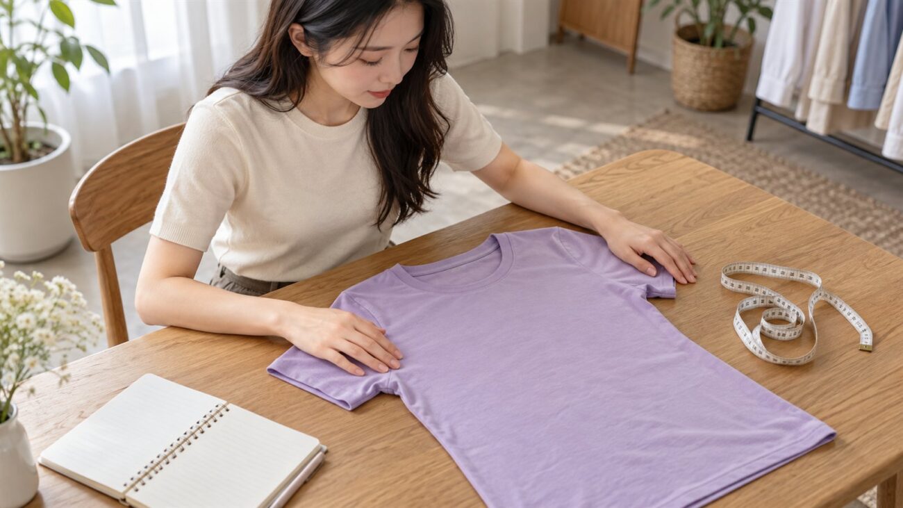 Người phụ nữ trải phẳng áo thun tím nhạt để chuẩn bị đo chọn size áo nữ online.