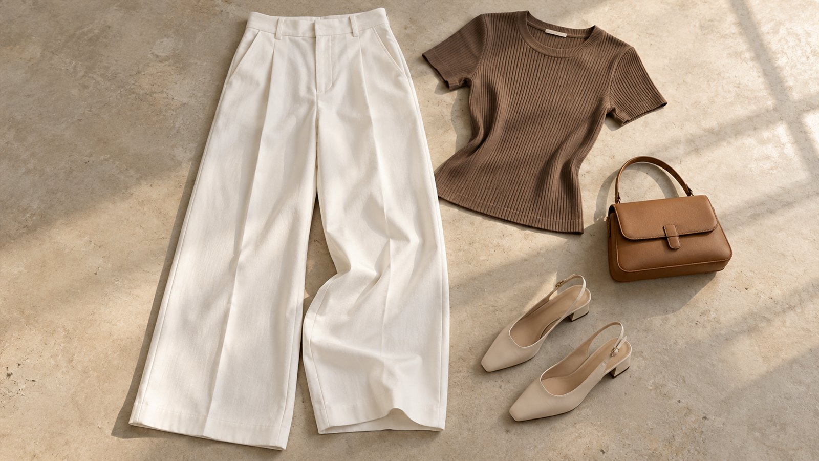 Gợi ý phối quần ống rộng trắng với áo nâu, giày slingback và túi màu caramel.