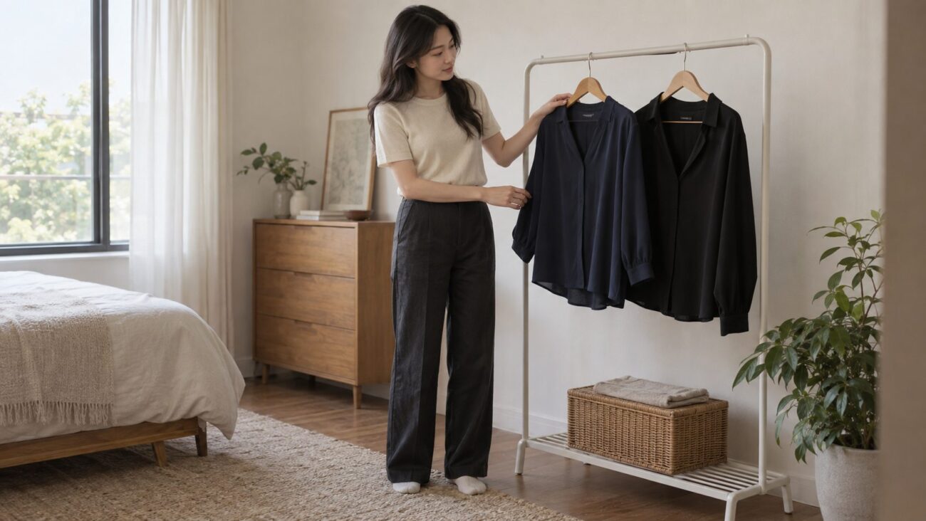 Người phụ nữ chọn áo màu navy và đen để phối với trang phục hằng ngày