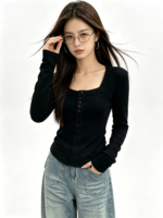 Áo dài tay nữ cổ vuông cài nút ôm dáng - Ảnh 3