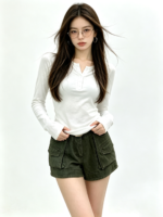 Áo dài tay nữ cổ tròn cài nút ôm dáng - Ảnh 4
