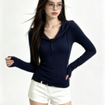 Áo dài tay nữ cổ V có dây cài nút màu xanh navy – ảnh chính Sweet Fable