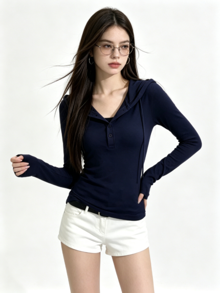 Áo dài tay nữ cổ V có dây cài nút màu xanh navy – ảnh chính Sweet Fable