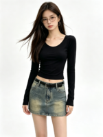 Áo thun nữ tay dài cổ tròn dáng ngắn - Ảnh 5