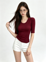 Áo thun ôm nữ cổ U tay lỡ - Ảnh 4