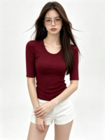 Áo thun ôm nữ cổ U tay lỡ - Ảnh 5