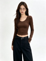 Áo thun nữ tay dài cổ tròn dáng ngắn - Ảnh 9