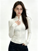Áo dài tay nữ cổ đứng khóa kéo ôm dáng - Ảnh 5
