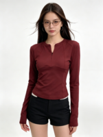 Áo dài tay nữ cổ xẻ ôm dáng - Ảnh 2