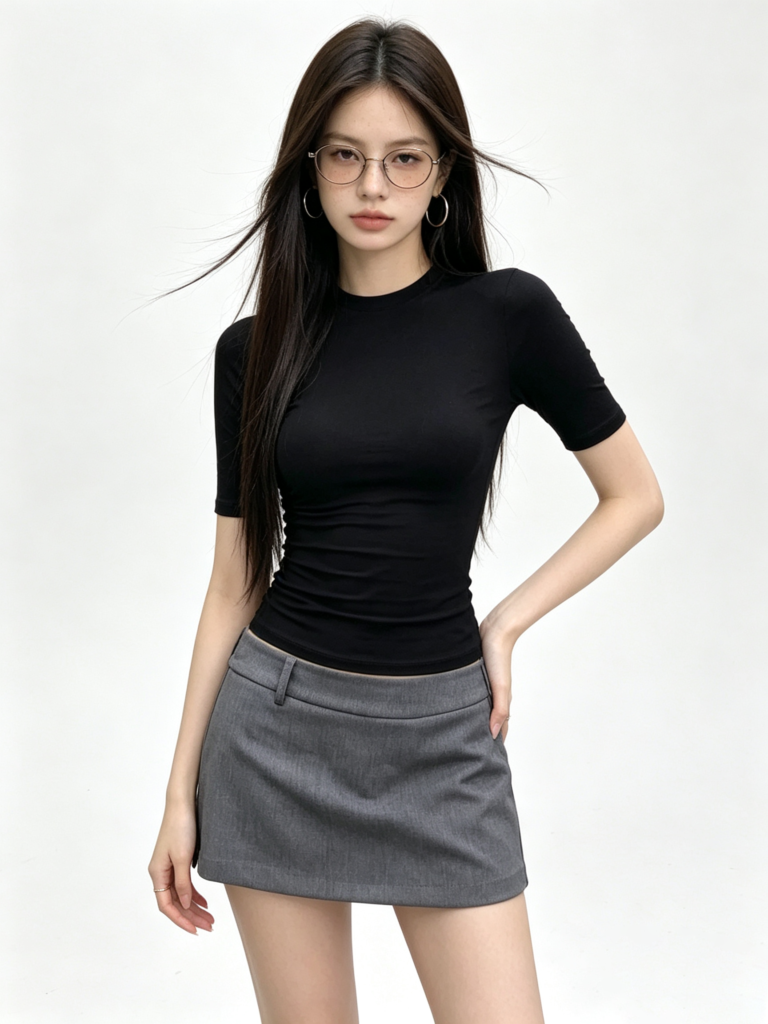 Áo body nữ dáng ôm màu đen, cổ tròn và tay ngắn