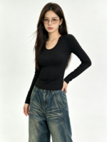 Áo body nữ cổ tròn rộng tay dài màu đen – ảnh chính Sweet Fable