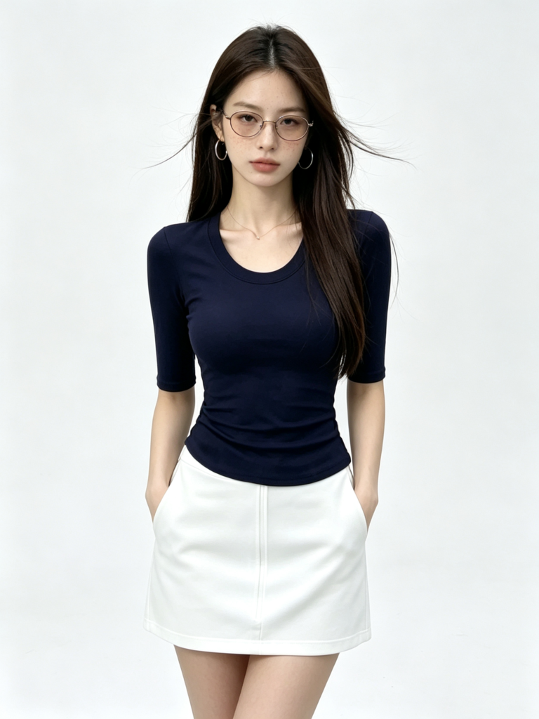 Áo thun ôm nữ cổ U tay lỡ màu xanh navy