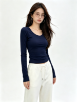 Áo thun nữ tay dài cổ tròn dáng ngắn - Ảnh 2