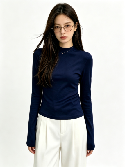 Áo dài tay nữ cổ cao liền thân ôm dáng màu xanh navy – ảnh chính Sweet Fable