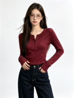 Áo dài tay nữ cổ tròn cài nút ôm dáng - Ảnh 11