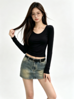 Áo thun nữ tay dài cổ tròn dáng ngắn - Ảnh 4