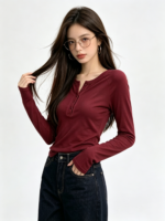 Áo dài tay nữ cổ tròn cài nút ôm dáng - Ảnh 2