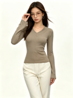 Áo dài tay nữ cổ V ôm dáng - Ảnh 3