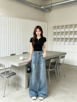 Quần Jeans Nữ Ống Rộng Màu Xanh Nhạt - Ảnh 3