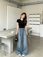 Quần Jeans Nữ Ống Rộng Màu Xanh Nhạt - Ảnh 4
