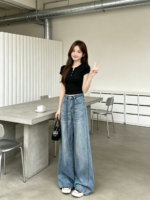 Quần Jeans Nữ Ống Rộng Màu Xanh Nhạt - Ảnh 6