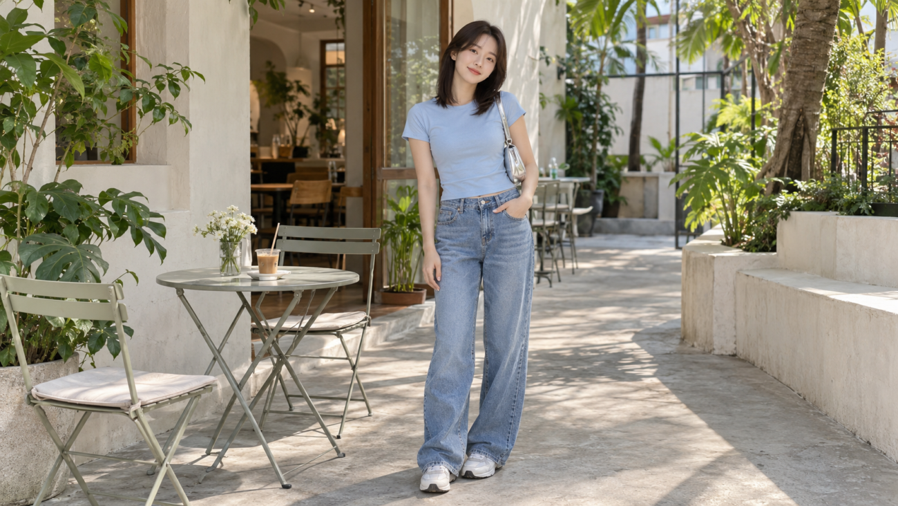 Phối áo xanh nhạt với jean xanh, sneaker và túi bạc tại quán cà phê ban ngày