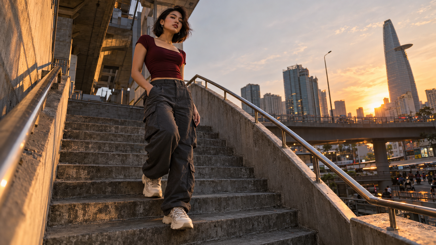 Áo đỏ rượu phối quần cargo xám than và sneaker trên cầu thang đô thị lúc chiều