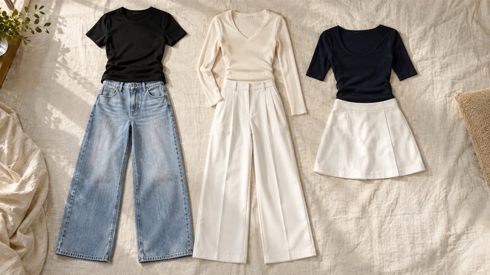 Áo đen phối quần jean xanh, áo kem phối quần trắng và áo navy phối chân váy trắng
