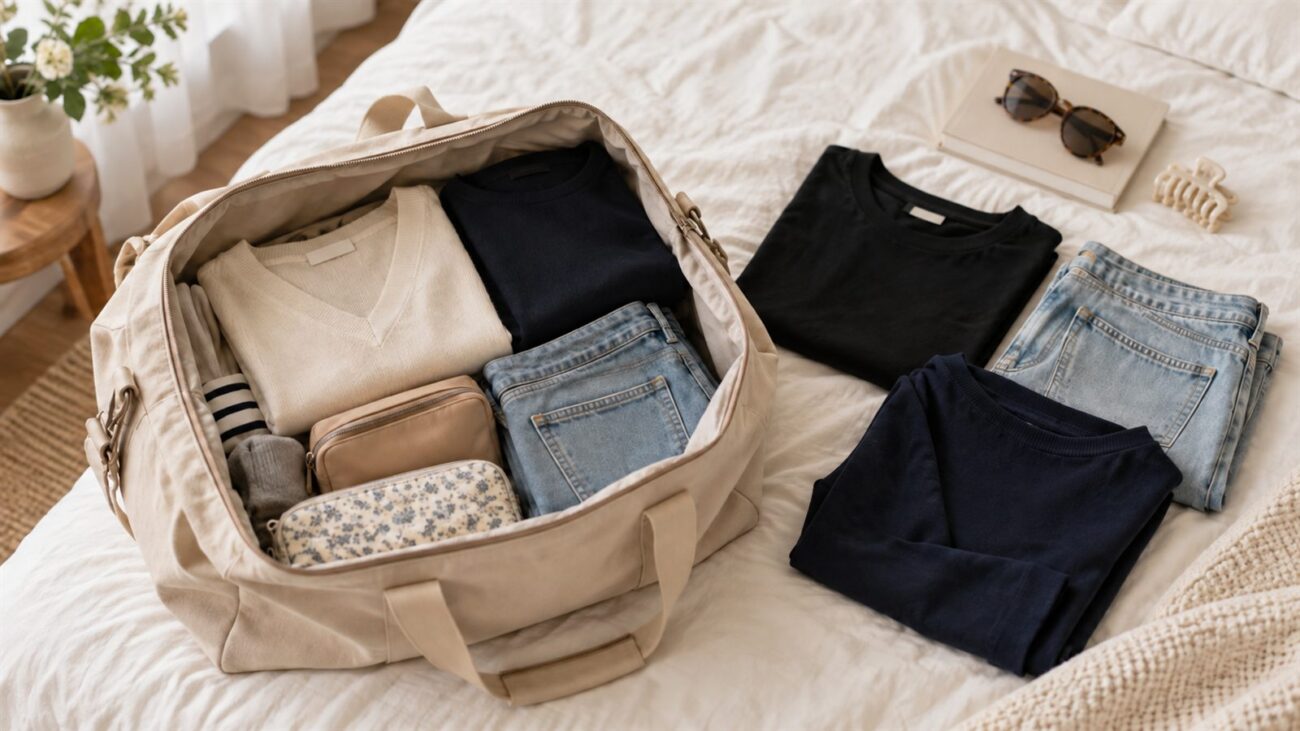 Túi du lịch màu be cùng áo sáng màu, quần jeans và áo tối màu cho chuyến đi hai ngày