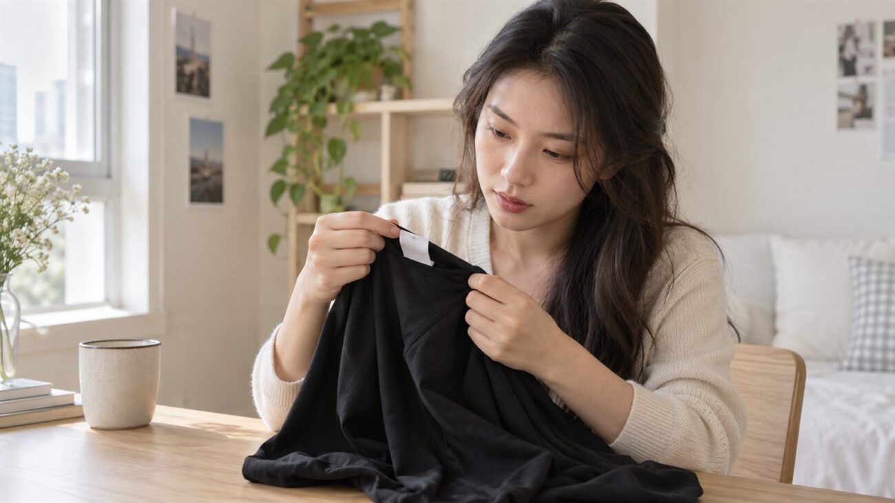 Người phụ nữ mặc áo màu kem đang kiểm tra nhãn bên trong một chiếc áo đen