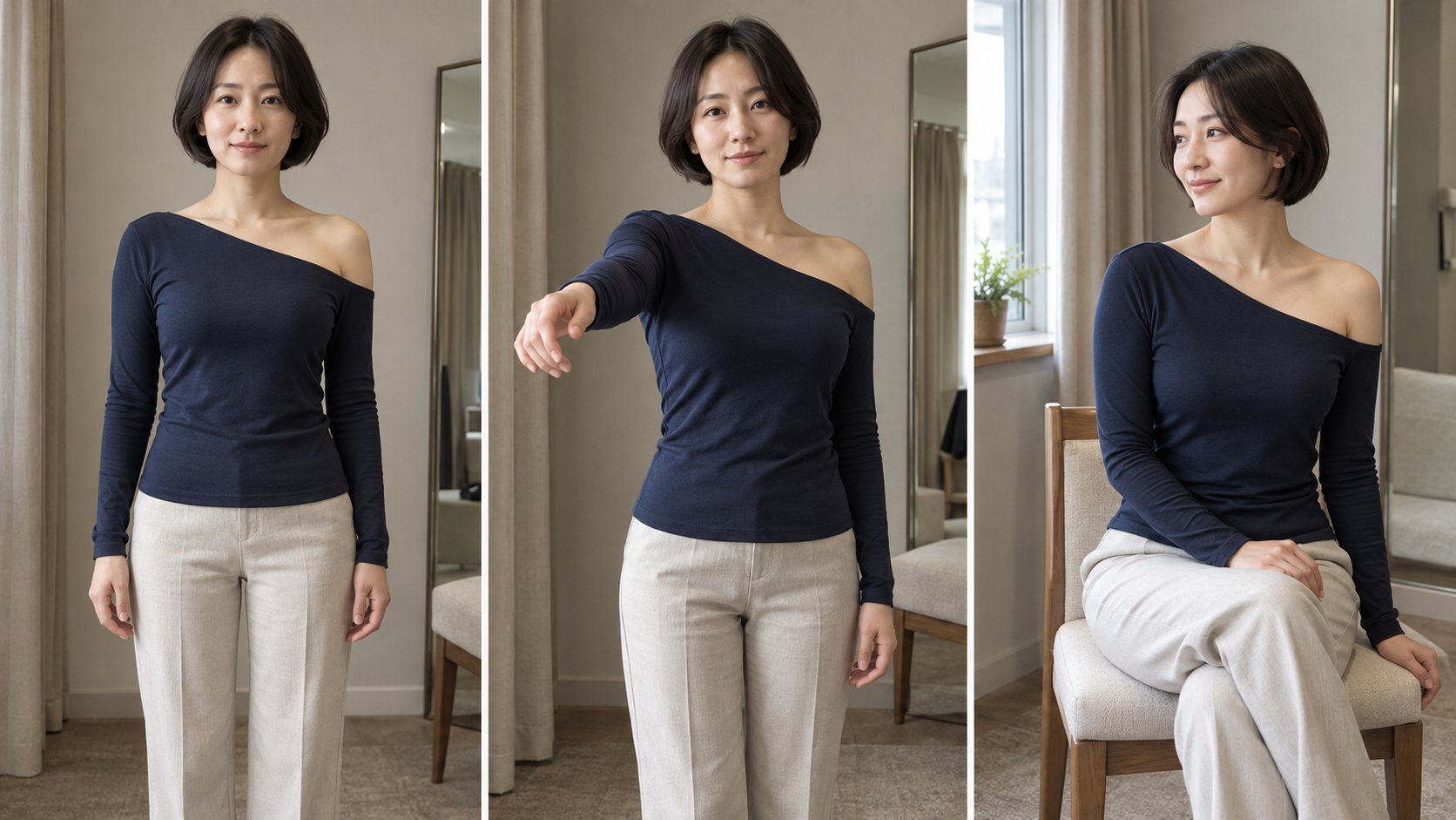 Ba ảnh chụp minh họa tư thế đứng, đưa tay ra trước và ngồi xoay nhẹ khi kiểm tra đường cổ áo lệch vai