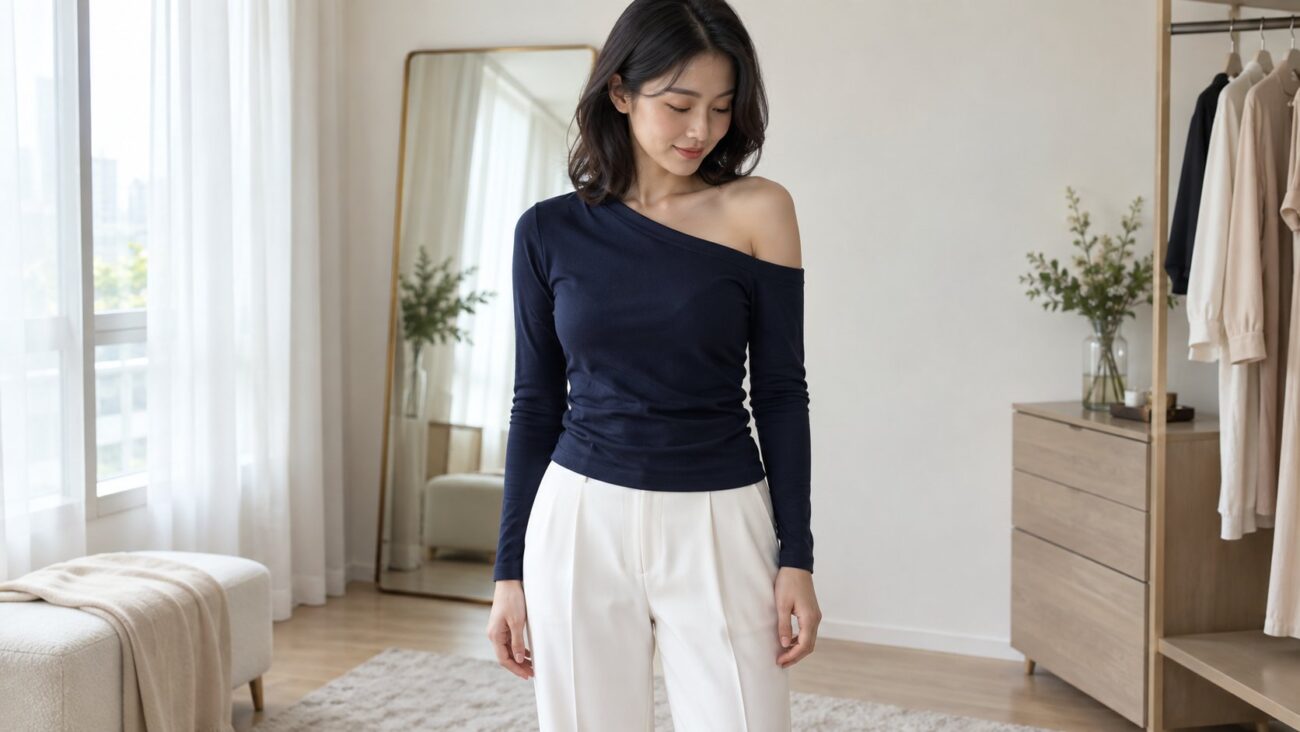 Người mẫu trưởng thành mặc áo lệch vai xanh navy, đường cổ bất đối xứng và hai tay áo dài hiện rõ