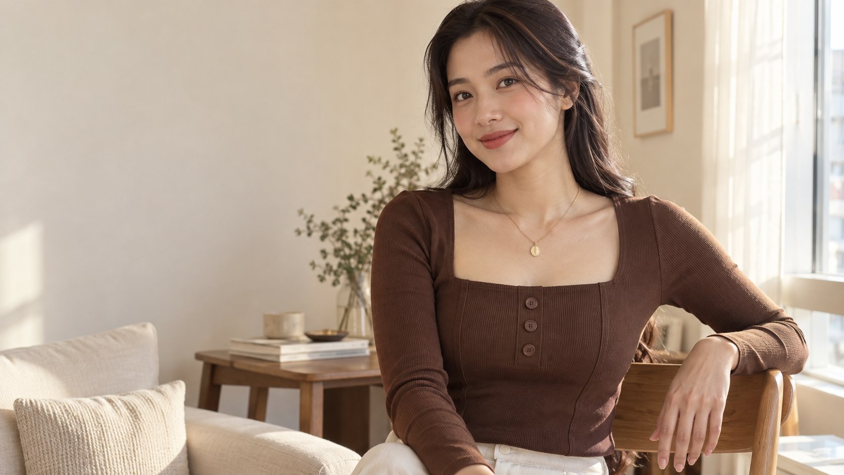 AI minh họa người mẫu trưởng thành mặc áo cổ vuông nâu cài nút, dây mảnh và mặt nhỏ nằm trong khoảng cổ mở