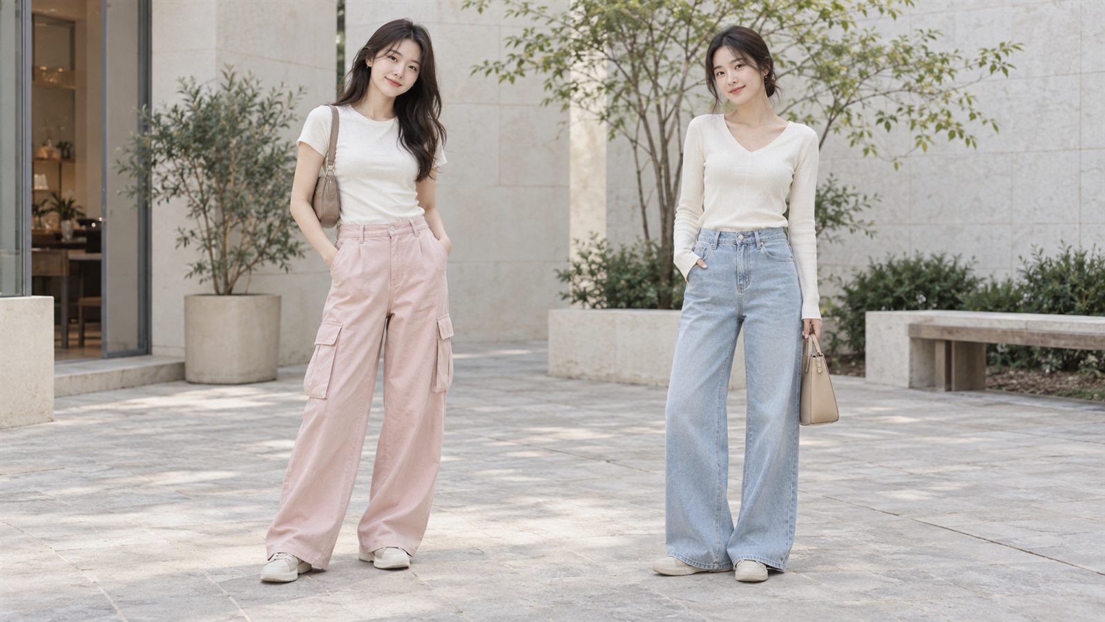 Hai bộ phối màu pastel nữ riêng biệt: quần hồng với áo trắng ngà và jean xanh nhạt với áo kem
