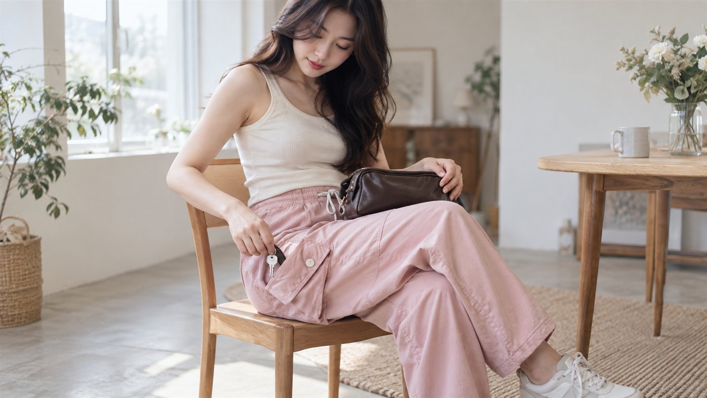 Ảnh minh họa AI người mẫu ngồi lấy chìa khóa từ túi hộp khi túi xách đặt trên đùi