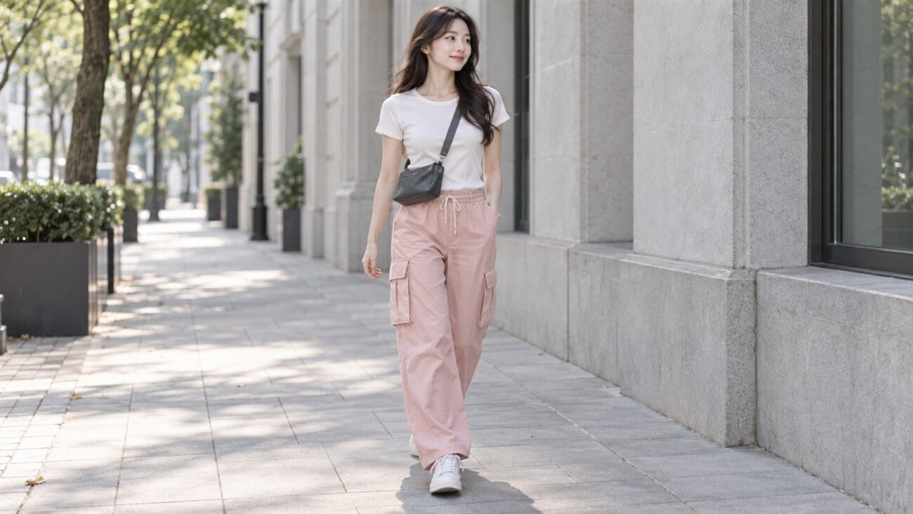 Ảnh minh họa AI phối quần túi hộp hồng với túi đeo chéo tránh vùng túi quần
