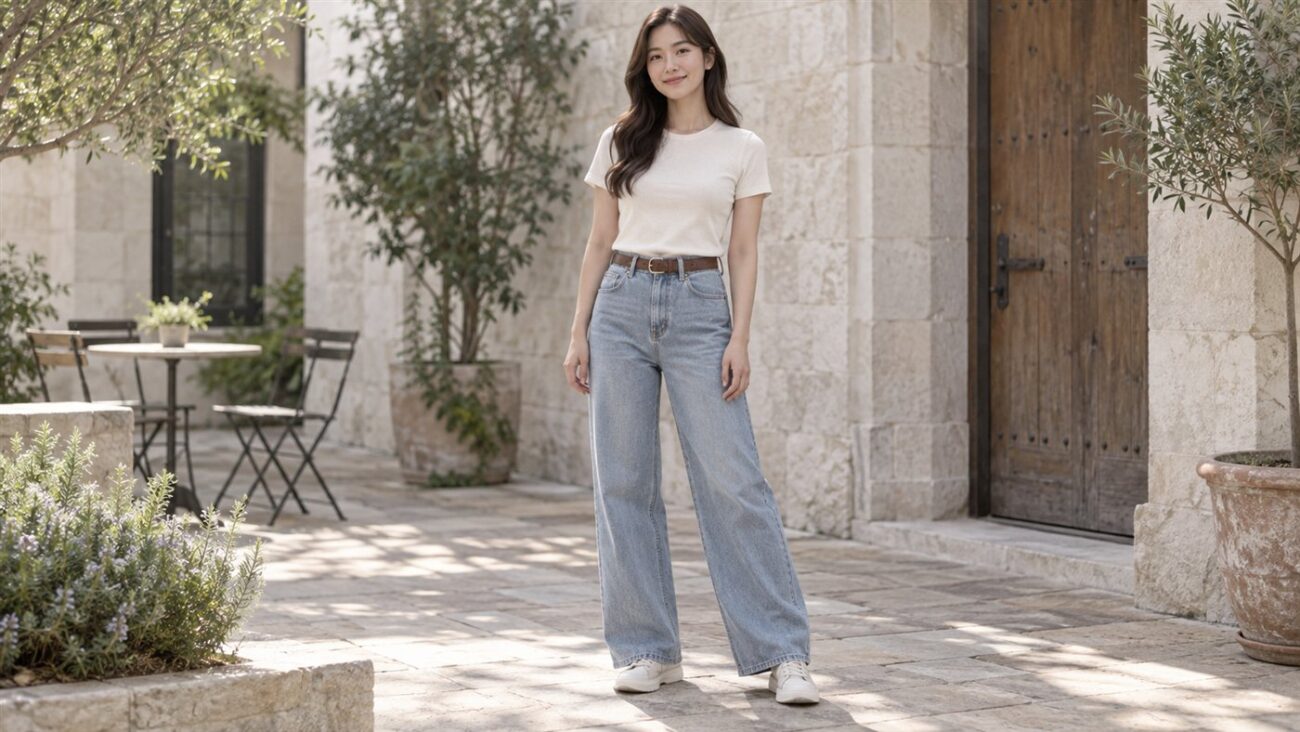 Ảnh minh họa AI phối quần jeans ống rộng với thắt lưng qua đỉa quần