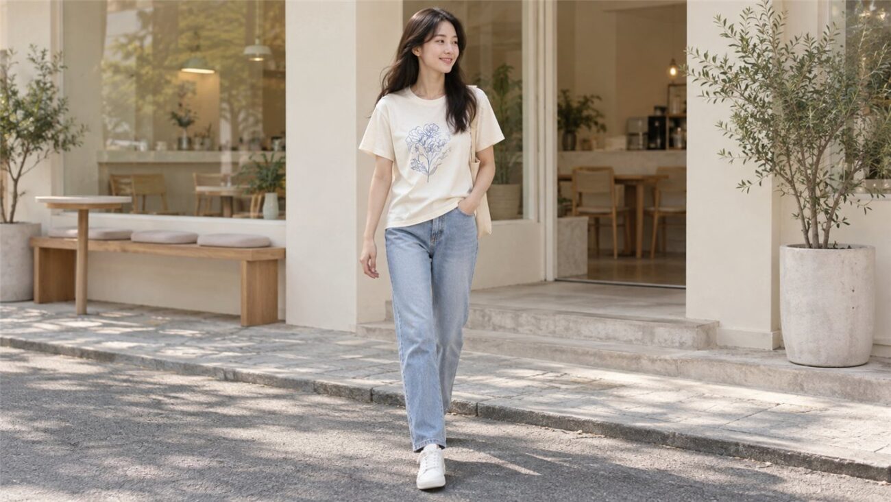 Áo thun trắng ngà in họa tiết xanh phối jean xanh nhạt và sneaker trắng
