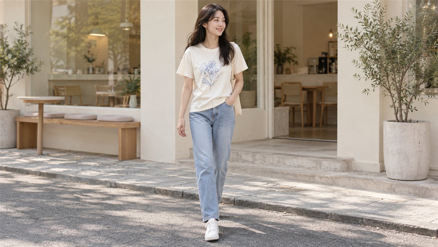 Áo thun trắng ngà in họa tiết xanh phối jean xanh nhạt và sneaker trắng