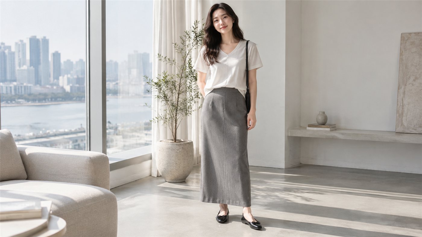 Chân váy dài màu xám phối áo thun trắng ngà cổ V và giày đen