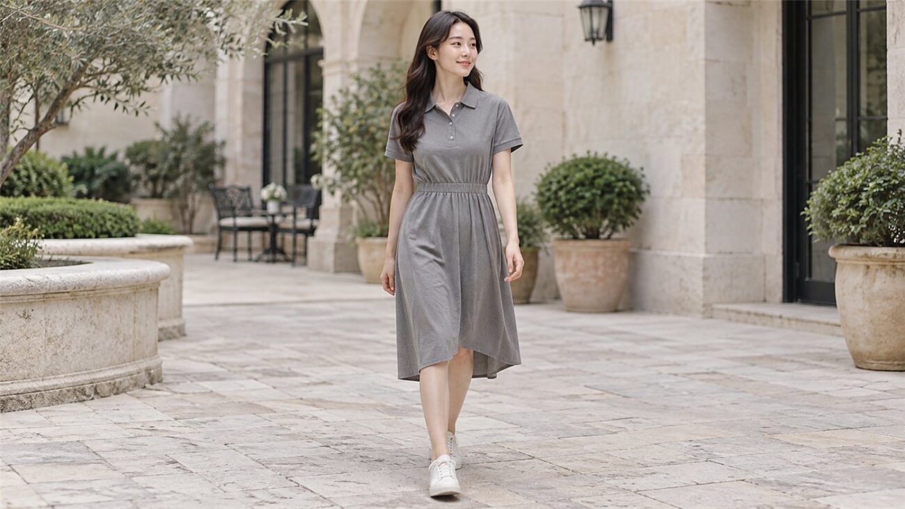 Đầm polo xám nhún eo phối sneaker trắng trong gợi ý dạo phố
