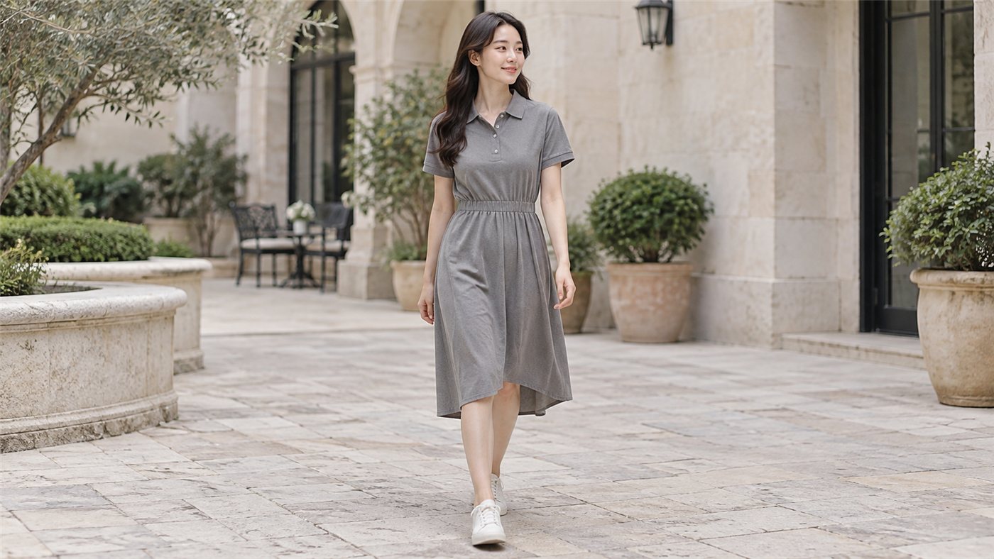 Đầm polo xám nhún eo phối sneaker trắng trong gợi ý dạo phố