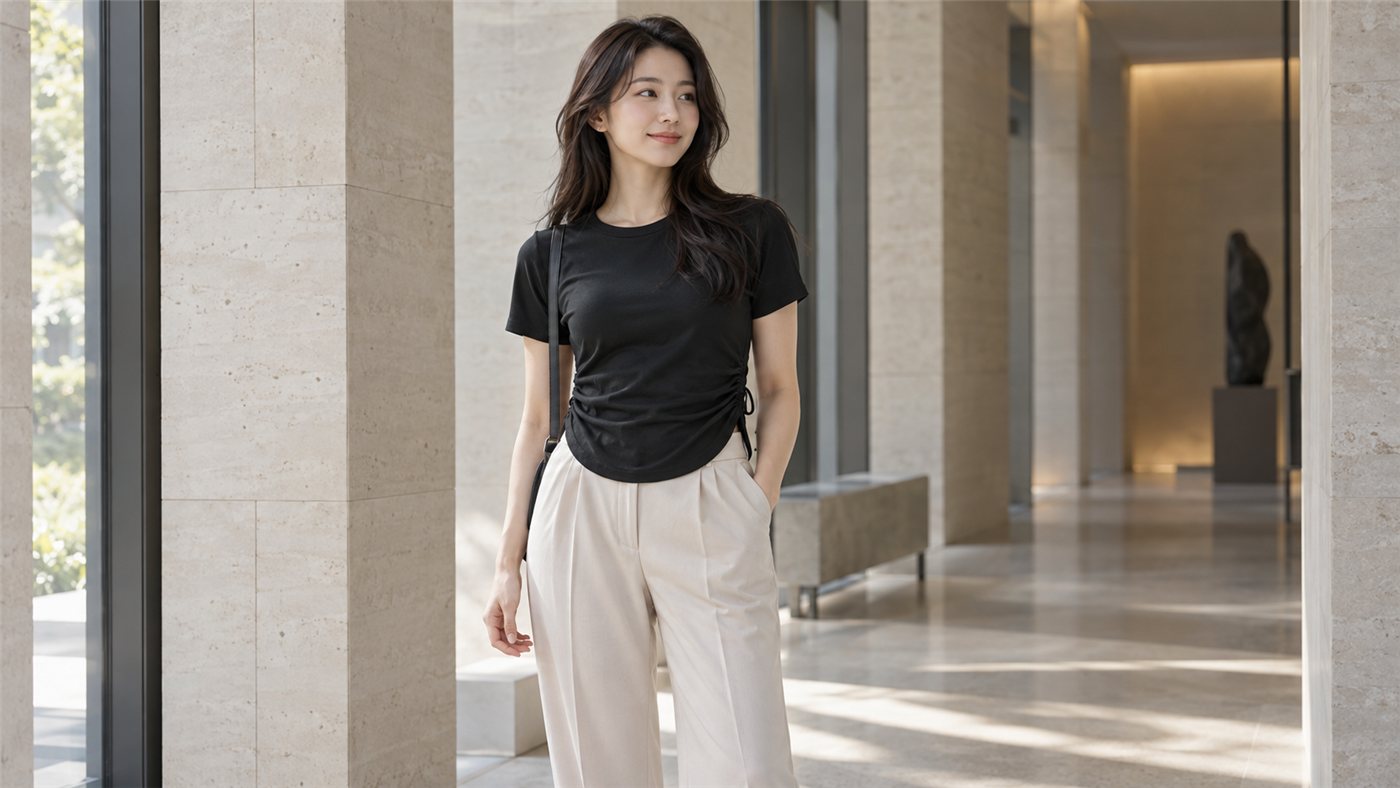 Áo nhún eo màu đen phối quần sáng để quan sát vị trí cạp