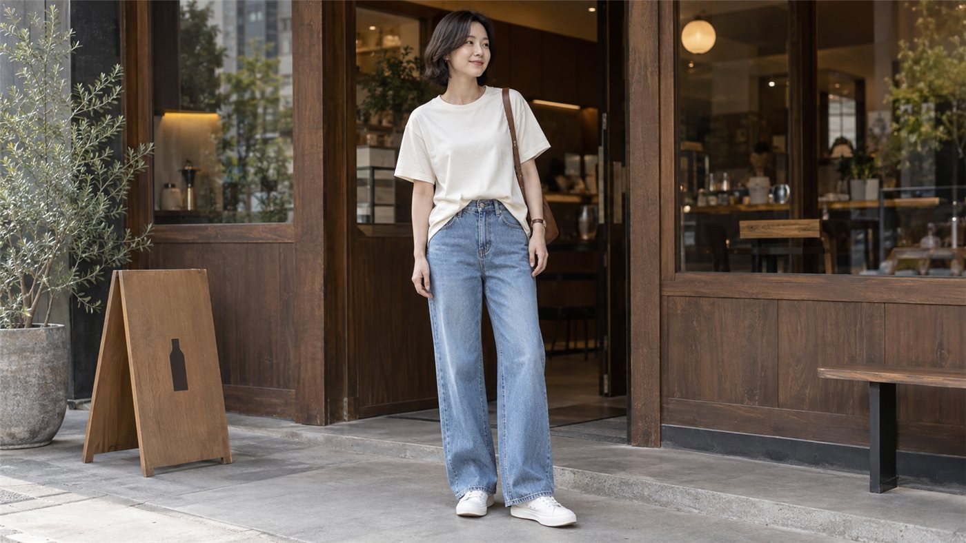 Cách sơ vin áo thun dáng rộng phía trước với quần jean