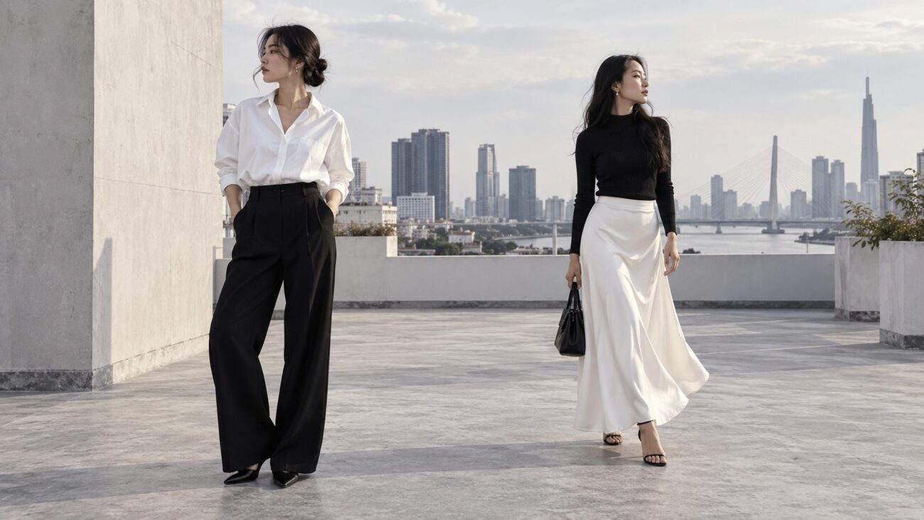 Hai cách phối trang phục đen trắng với quần dài và chân váy